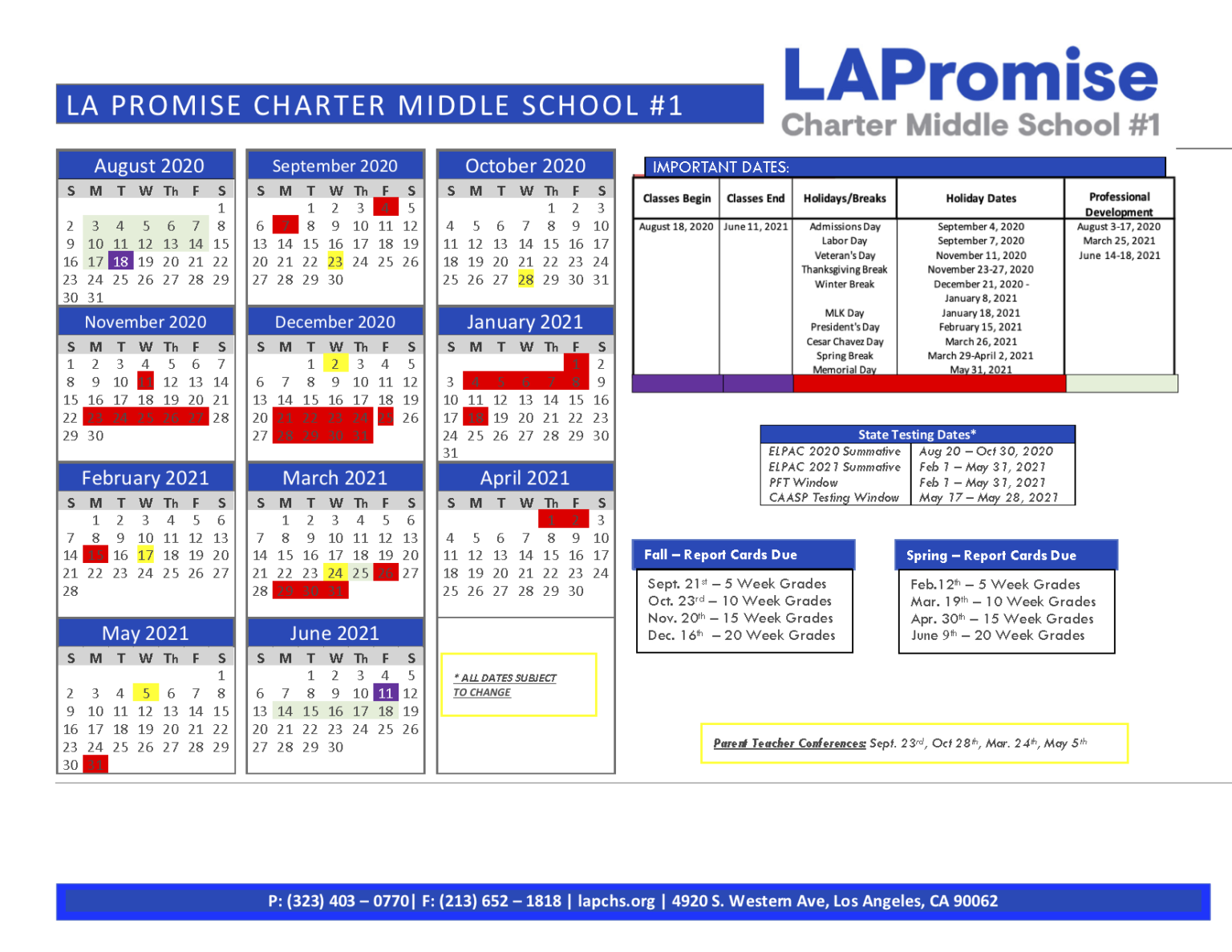 School Calendar LAPCMS
